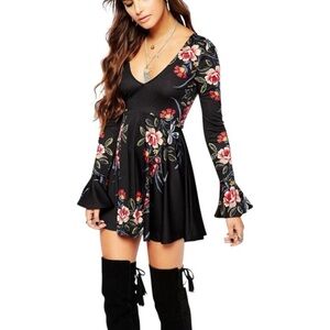 Free People Date Night Black Long Sleeve Mini Dress
